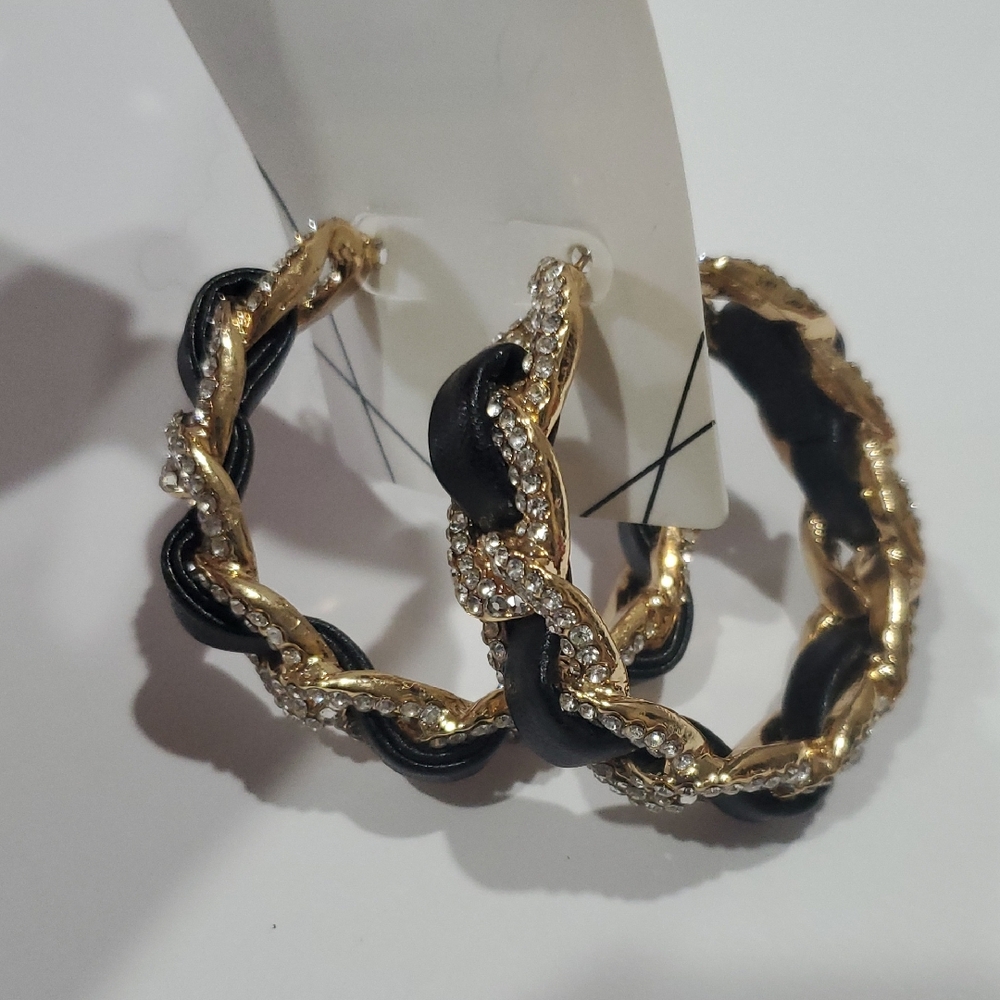 Aldo faux leather cz pave adorned braided half hoop earrings brand new